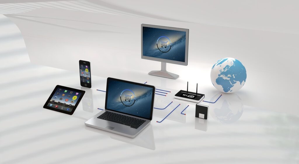 Different electronic devices connected via Wi-Fi on white background