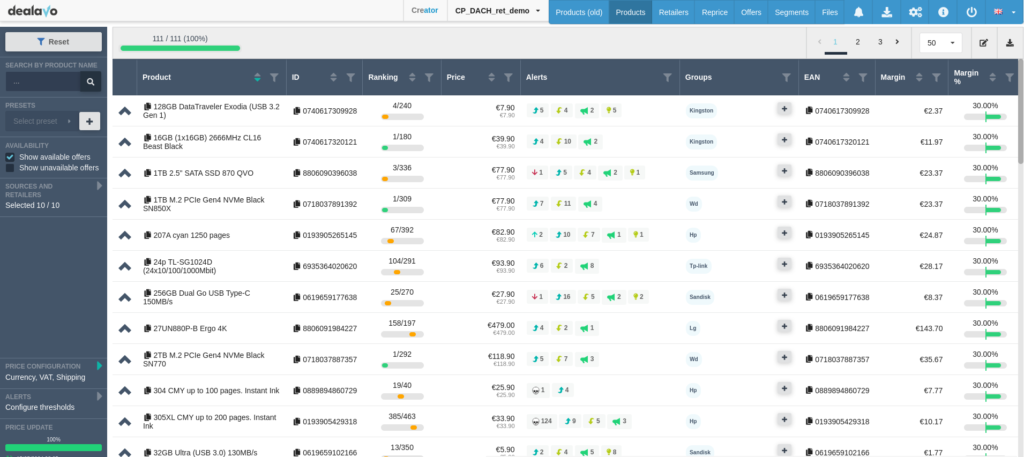 Dealavo app dashboard with tables and text